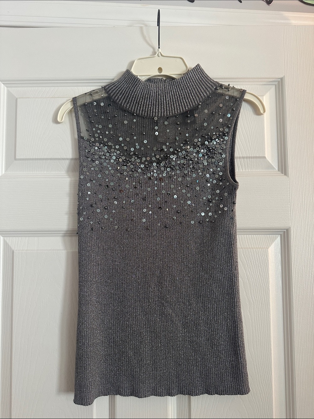 Lauren Michelle Gray Sleeveless Sequin Turtleneck Tank